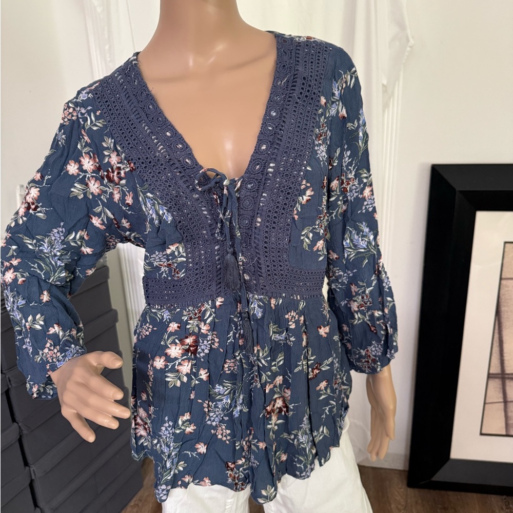 Torrid Blue and Pink Puff Sleeve Blouse with Tie Front